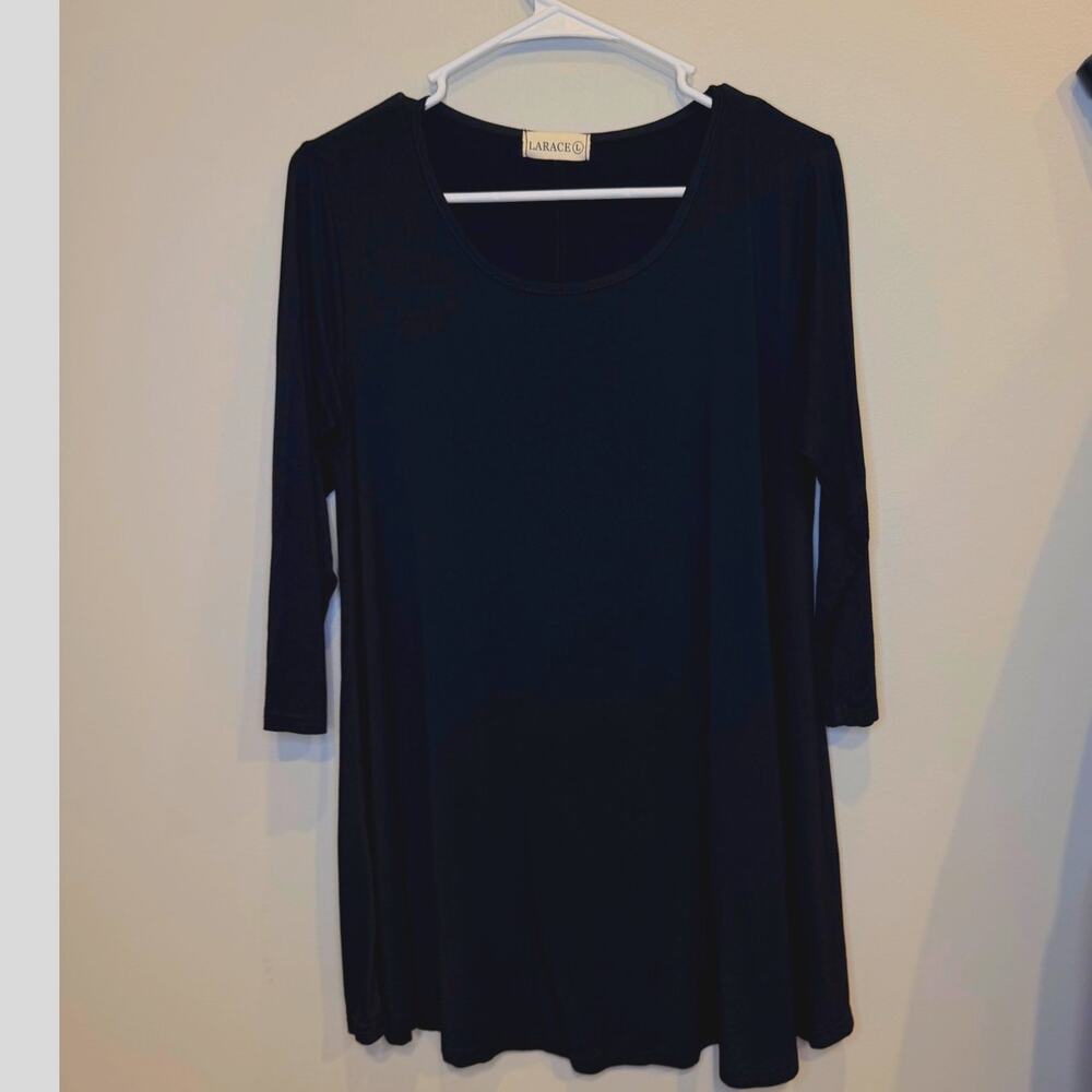 Larace Black 3/4 Sleeve Tunic Top Large Swing Flare Rayon Spandex Blouse